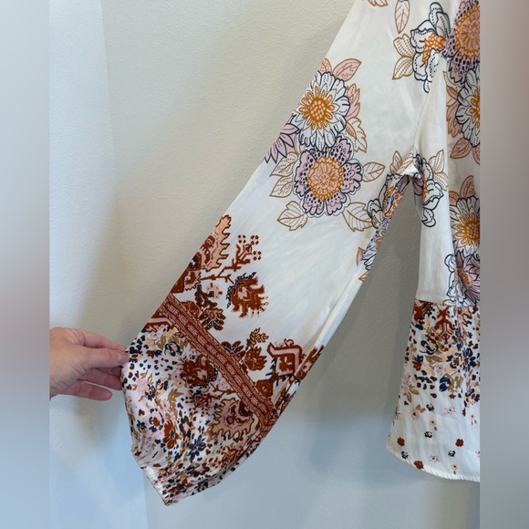 Free People Floral Tie Font Balloon Sleeves Boho Blouse Small Office Indie Hippi - Picture 3 of 11